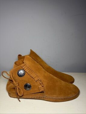 Minnetonka Suede Fringe Ankle Moccasin Boots in Cognac